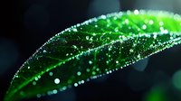 Fresh green leaf covered in morning dew drops against dark background, macro nature photography showing water droplets glistening with bokeh effect.