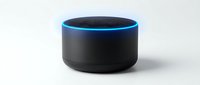 Smart speaker with glowing blue ring light on white background, isolated device ready for tech product design, web graphics, and marketing materials.