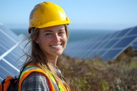 Young female engineer in yellow hard hat and safety vest smiling at solar panel installation site against blue sky background. Clean energy professional at work.