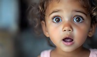 Young mixed-race girl with big expressive blue eyes and curly hair shows genuine surprise and wonder, mouth open in amazement. Close-up portrait captures pure childhood emotion.