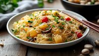 Asian rice noodles with stir-fried vegetables, mushrooms and pineapple chunks garnished with fresh herbs and sesame seeds served in ceramic bowl on wooden table.