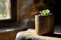 Small green succulent plant in rustic concrete pot placed on stone surface in natural sunlight, creating minimalist home decor atmosphere with soft bokeh background.