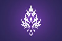 Elegant white floral damask ornament on purple background, symmetrical decorative element with leaf motifs for luxury branding and textile design.