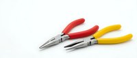 Professional needle nose pliers with red and yellow handles isolated on white background for crafting, electrical work and precision tasks.