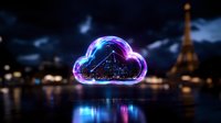 Glowing neon cloud shape with city skyline reflection hovers over water at night, Eiffel Tower silhouette and bokeh lights create dreamy Paris atmosphere.