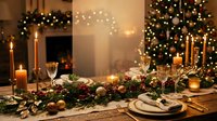 Elegant holiday dining table with lit candles, decorated evergreen garland, ornaments, and place settings. Festive Christmas celebration setup for entertaining and special occasions.
