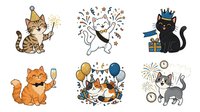 Cute cats wearing crowns and party hats, isolated cartoon characters for celebrations, greetings, invitations, and children's designs on transparent background.