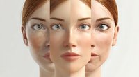 Composite portrait of redhead woman showing skin transformation with different sections displaying various skin conditions and treatments for skincare advertising.