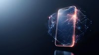 Futuristic smartphone with glowing network connections and digital particles forming sphere against dark background. Modern technology concept.