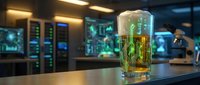 Futuristic holographic beer glass with glowing circuit patterns in modern high-tech bar setting with digital displays and ambient lighting atmosphere.