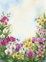 Watercolor orchid frame with colorful blooms in pink, purple, yellow and white on soft pastel background with copy space for text.