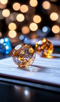 Translucent gaming dice on open book pages with warm bokeh lights in background, creating magical atmosphere for tabletop gaming and storytelling experience.