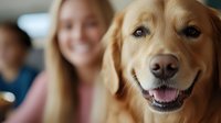 Happy golden retriever dog with smiling family in background, perfect for pet care, veterinary services, family lifestyle and animal companionship concepts.