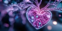 Glowing pink heart shape with magical sparkles and luminous particles against dark blurred background creates romantic ethereal atmosphere. Valentines concept.