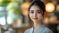 Young Asian woman with gentle smile wearing gray business attire in modern office setting with soft bokeh lights, professional corporate portrait with natural makeup and elegant hairstyle.
