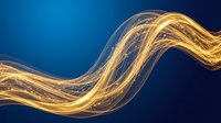 Golden light waves flowing across deep blue background, creating dynamic motion and energy for modern design, technology, and abstract concepts.