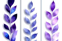 Watercolor botanical leaves in purple and blue gradient tones on white background, set of three vertical compositions. Elegant floral art for modern decor.