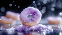 Purple glazed donut with sugar crystals floating in air with magical bokeh lights and sparkling powder creating dreamy bakery atmosphere for food photography.