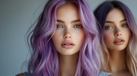 Young woman with vibrant purple hair and natural makeup looking at camera, second woman with blonde ombre hair in soft focus background. Modern beauty portrait.