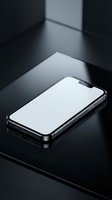 Modern smartphone with blank white screen lying on reflective black surface with dramatic lighting and shadows for mockup presentations.