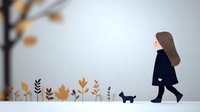 Young woman in navy coat walking with small dog through autumn garden with falling leaves and plants silhouettes on misty gray background.