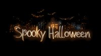 Spooky Halloween text with glowing orange letters, flying bats silhouettes and dark cityscape background for seasonal greeting cards and party invitations.
