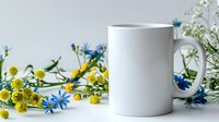 White ceramic mug mockup surrounded by delicate wildflowers including chamomile and cornflowers on light background for branding and design projects.