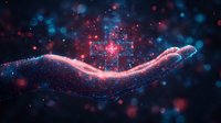 Glowing digital cube floating above luminous wave with particles in dark space, red and blue neon lights creating futuristic technology concept.