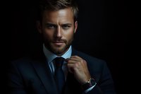 Confident businessman in navy suit adjusts tie against dark background, dramatic lighting highlights strong facial features and professional demeanor.