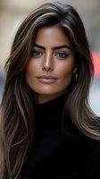 Young Middle Eastern woman with highlighted brown hair wearing black turtleneck sweater looking at camera with confident expression and natural makeup.