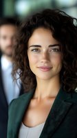 Professional businesswoman with curly hair smiling confidently in modern office environment with colleague in background for corporate communications.