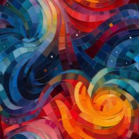 Abstract mosaic pattern with vibrant swirling shapes in red, blue, orange and turquoise colors creating dynamic movement with scattered light dots throughout composition.