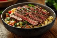 Juicy medium rare sliced beef steak served on fettuccine pasta with cherry tomatoes, fresh herbs and vegetables in dark ceramic bowl on wooden table.