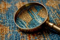 Magnifying glass examining woven textile with blue and tan geometric pattern, close-up detail of fabric inspection and quality control.