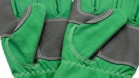 Pair of green and gray work gloves with reinforced palms and stitched details, isolated on white background for design, merchandise, and safety equipment applications.