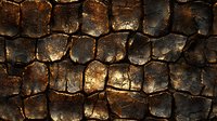 Dramatic close-up of charred wood texture showing deep black and golden cracks in burnt surface. Natural abstract pattern reveals intricate details of scorched timber.