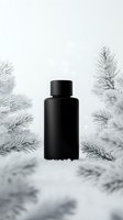 Black cosmetic bottle on snowy background with frosted pine branches creating winter atmosphere. Minimal luxury product photography setup.