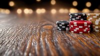 Stacked poker chips on rustic wooden table with soft bokeh lights in background, selective focus on casino gaming pieces creates atmospheric mood.