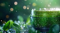 Magical green cosmetic cream jar with sparkles and fresh leaves in bokeh background, natural organic skincare product for beauty and wellness concept.