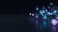 Digital network connections with glowing icons and data visualization elements on dark background for technology and communication concepts.
