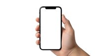 Hand holding modern smartphone with blank white screen isolated on white background for mockup and app presentation design templates.