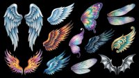 Watercolor angel and fairy wings in blue, purple, gold, and rainbow hues, isolated on transparent background. Ready for t-shirt design, clipart, stickers, sublimation, and print-on-demand projects.