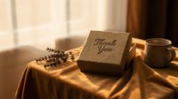 Kraft gift box with Thank You inscription, dried lavender, and ceramic mug on golden fabric in warm natural light, cozy gratitude concept.
