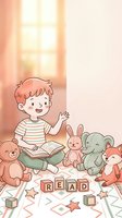 Cute cartoon boy reading book surrounded by stuffed animal toys in cozy bedroom setting for children education and learning concepts.