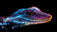 Mystical alligator head profile with glowing dots and sparkles in neon blue and purple colors against dark background, creating magical wildlife art effect.
