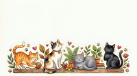 Four adorable cats sitting among potted plants and botanical elements on white background, isolated for design projects and pet-themed graphics.
