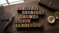 Wooden letters spelling business concepts on dark desk with leather wallet, pen, compass and brass accessories for corporate strategy and leadership themes.