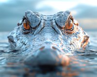 Close-up view of an alligator's eyes and snout emerging from water surface with intense amber-colored eyes and textured blue-gray scales in dramatic lighting.