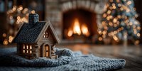 Miniature ceramic house with glowing windows on cozy knit blanket, fireplace and Christmas tree lights creating warm holiday atmosphere.