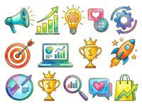 Colorful startup and business growth icons including megaphone, charts, lightbulb, target, trophy, rocket and heart symbols. Isolated clipart set for web design, presentations and marketing materials.